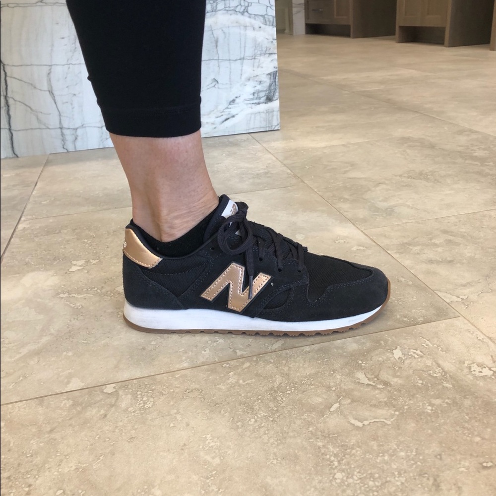 Womens New Balance 520 navy and rose gold sneakers